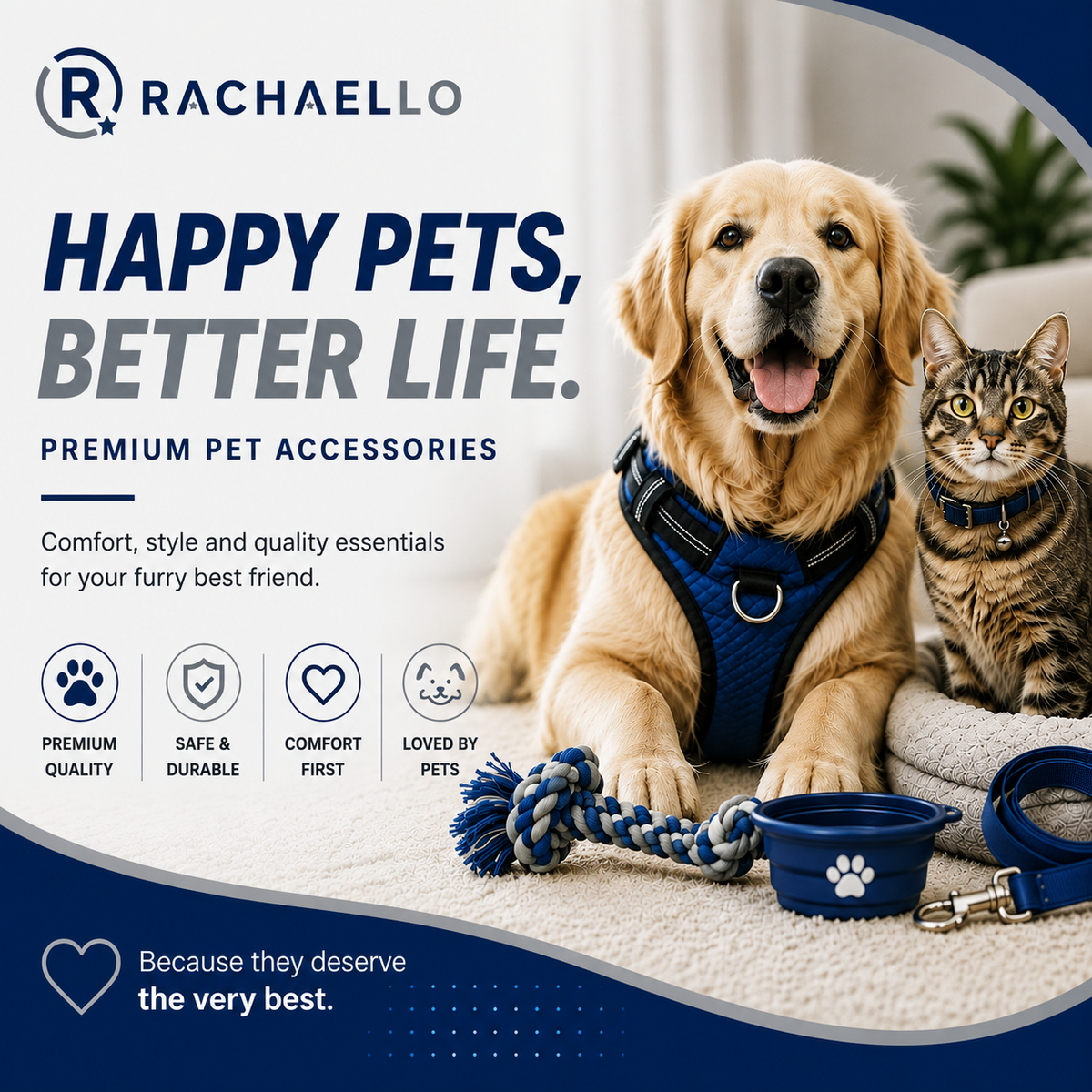 Happy pets enjoying premium pet accessories for comfort, style, and quality essential supplies.