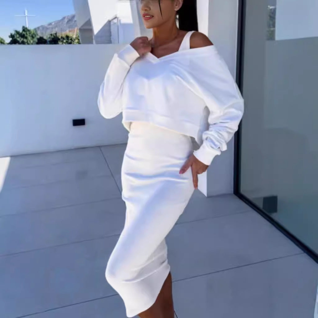 Fashion V-neck Pullover Sweatshirt And Sleeveless Dress Set