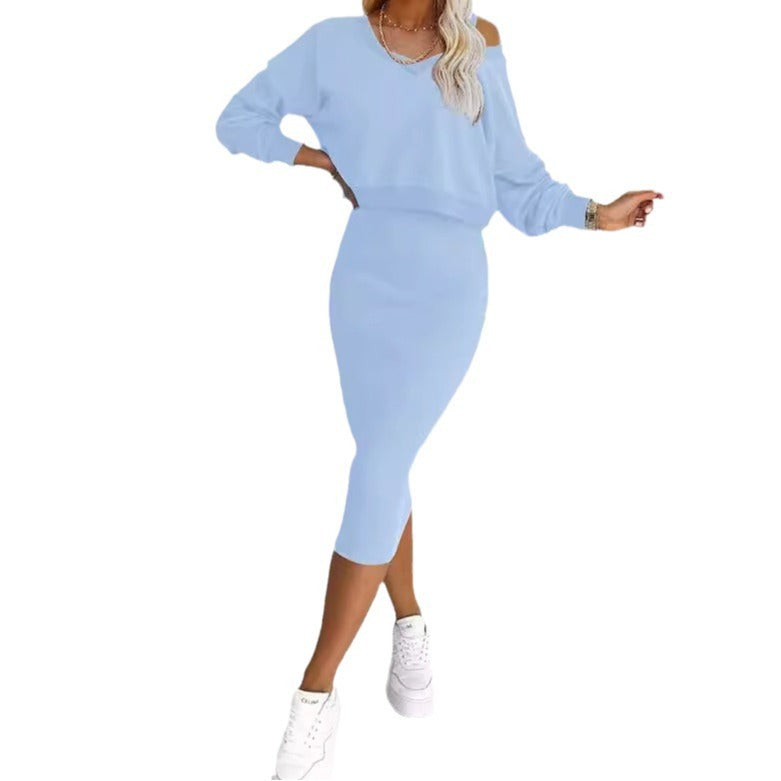 Fashion V-neck Pullover Sweatshirt And Sleeveless Dress Set
