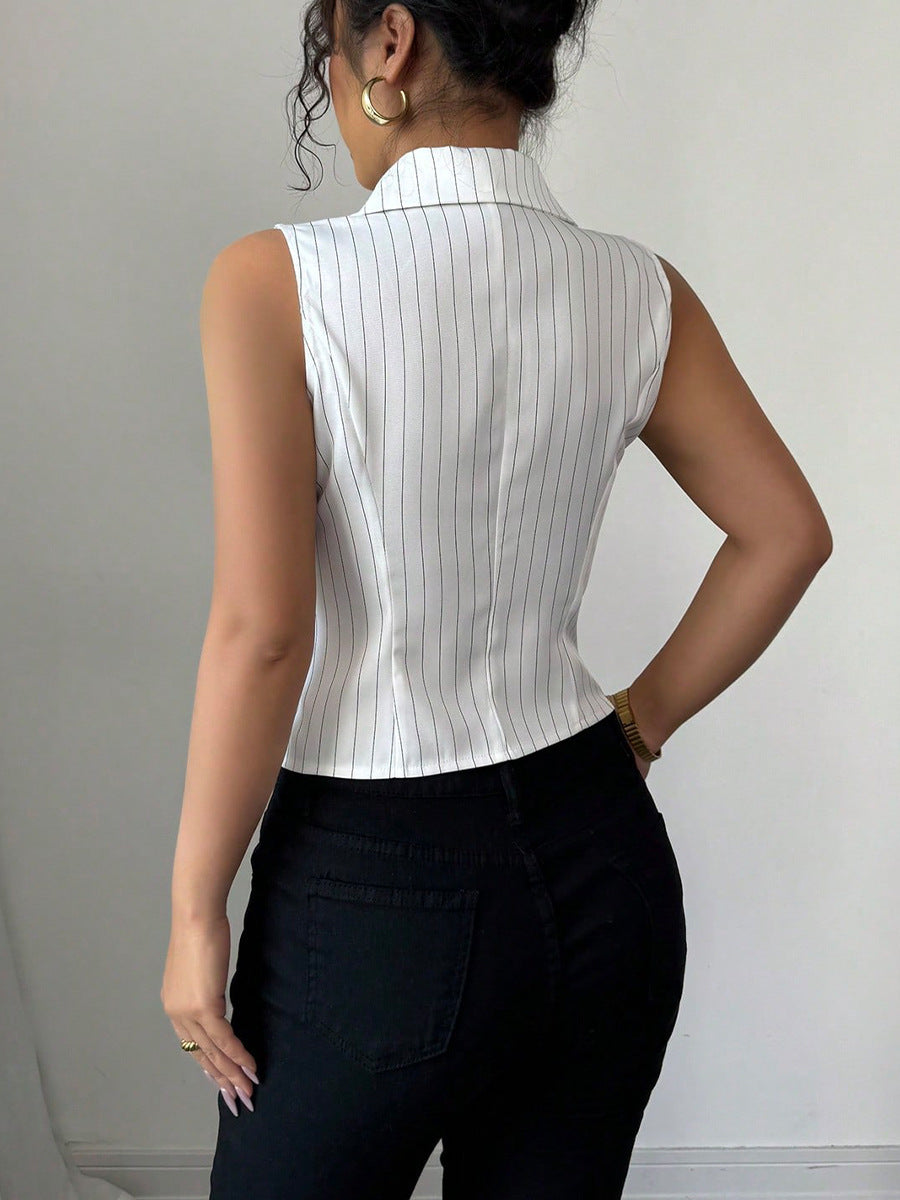 Summer American Temperament Striped Sleeveless Shirt back view on model, featuring a stylish white and black stripe pattern.