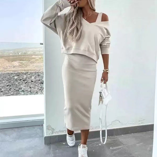 Fashion V-neck Pullover Sweatshirt And Sleeveless Dress Set