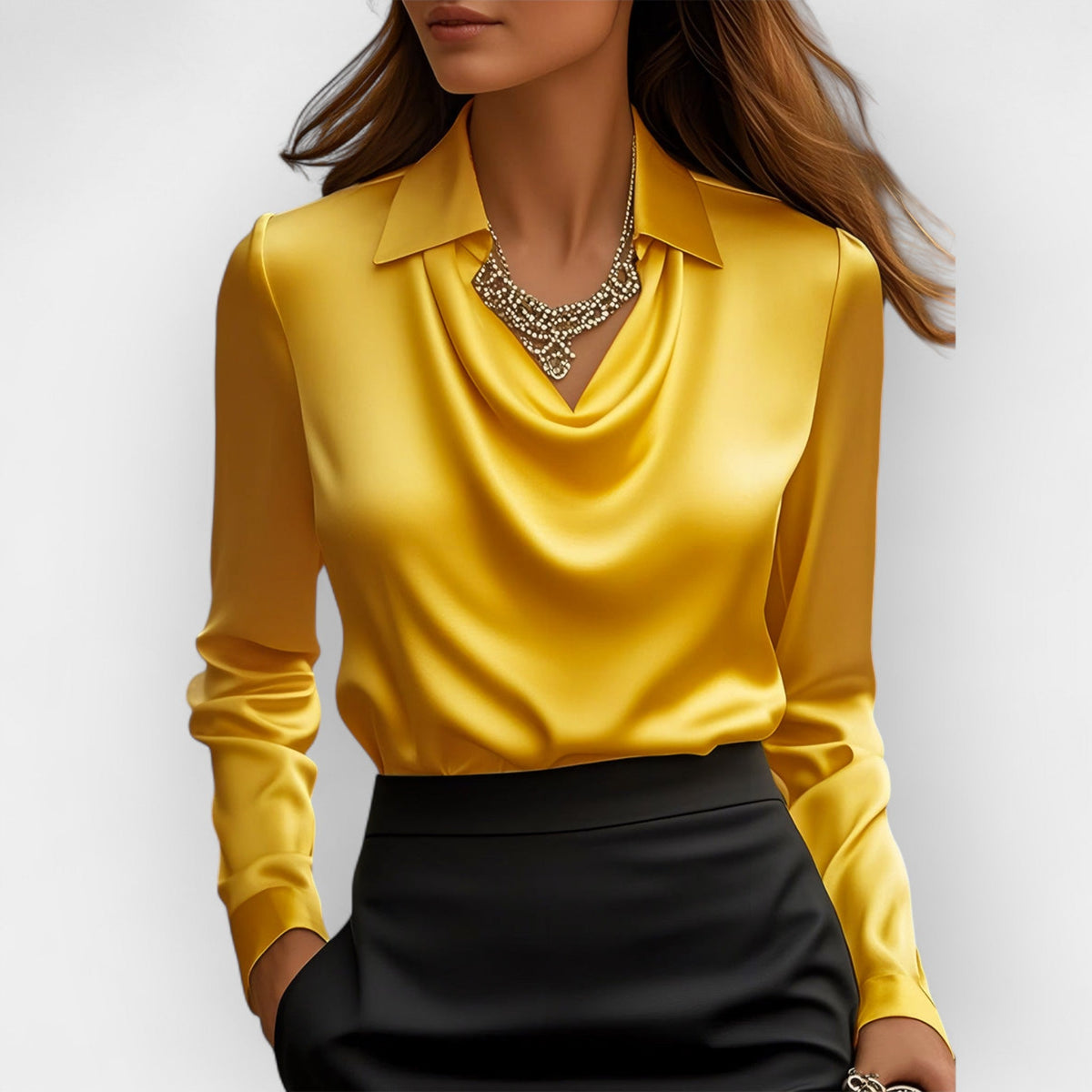 Women's Swing Collar Draped Shirts in yellow satin, featuring a stylish draped design and elegant collar.