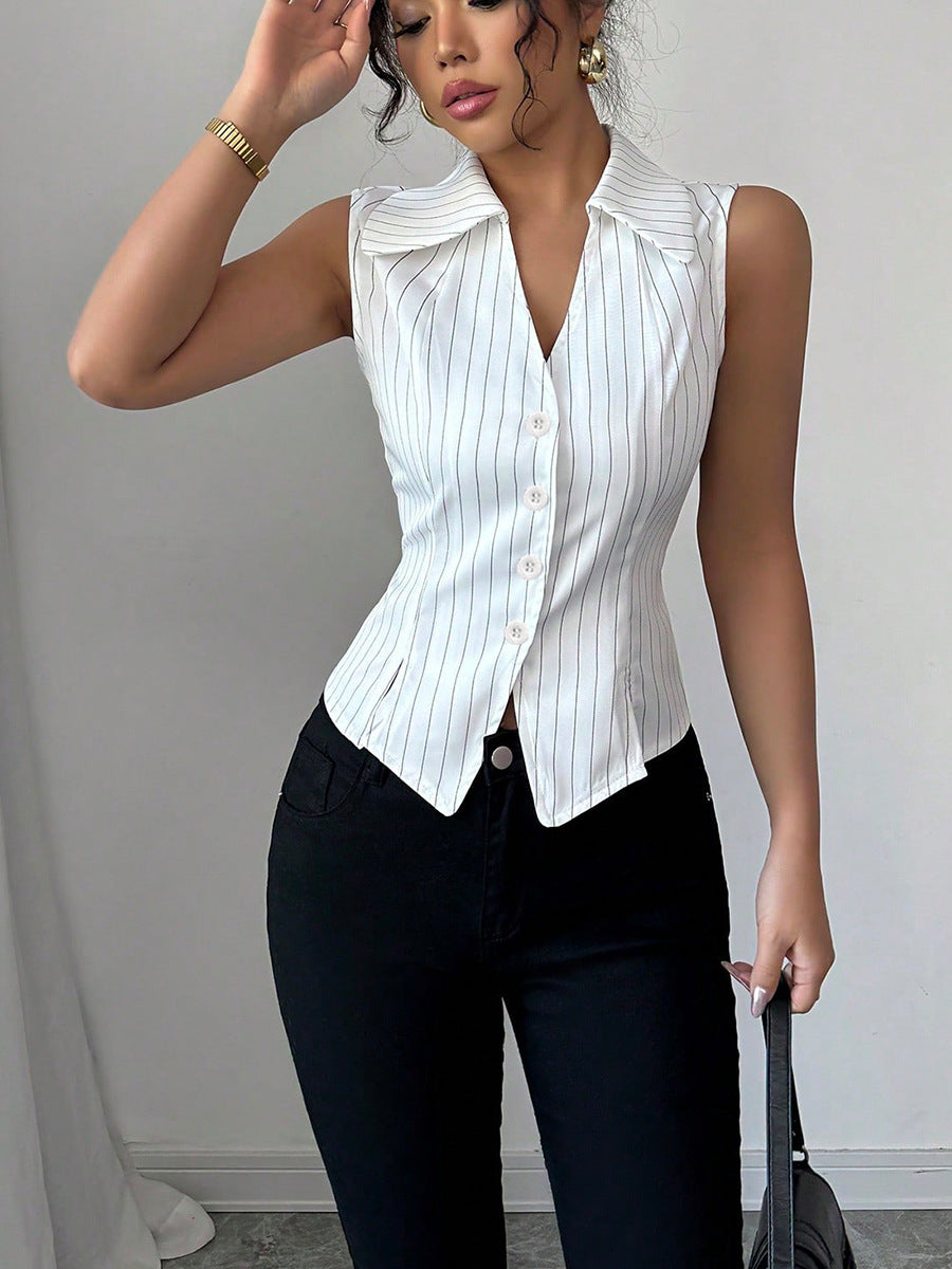 Summer American Temperament Striped Sleeveless Shirt in white with stripes, styled with black pants.