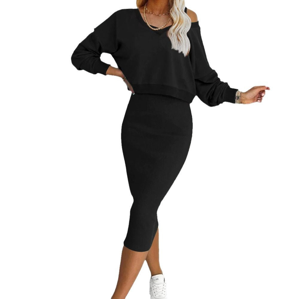 Fashion V-neck Pullover Sweatshirt And Sleeveless Dress Set