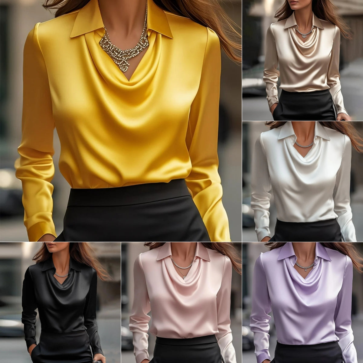 Women's Swing Collar Draped Shirts in various colors including yellow, white, black, pink, and purple.