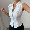 Summer American Temperament Striped Sleeveless Shirt featuring chic stripes and buttons, perfect for casual or dressy occasions.