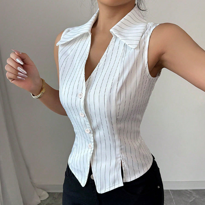 Summer American Temperament Striped Sleeveless Shirt featuring chic stripes and buttons, perfect for casual or dressy occasions.