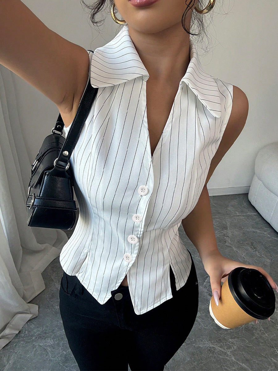 Summer American Temperament Striped Sleeveless Shirt modeled by a woman holding coffee, showcasing stylish striped design.