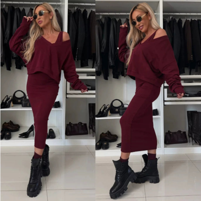 Fashion V-neck Pullover Sweatshirt And Sleeveless Dress Set