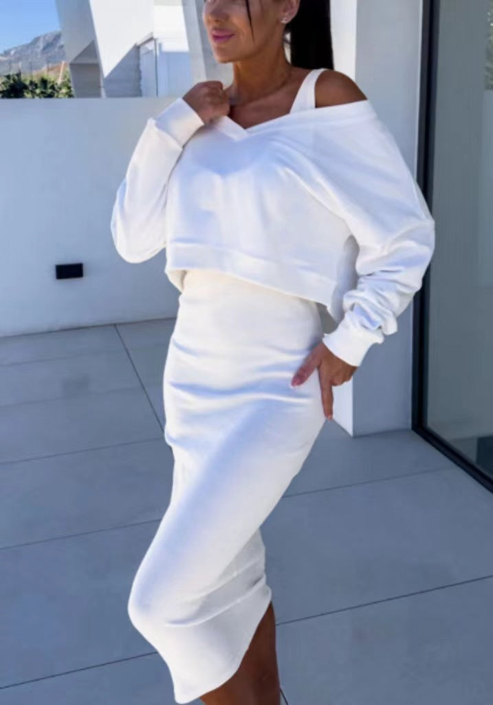 Fashion V-neck Pullover Sweatshirt And Sleeveless Dress Set
