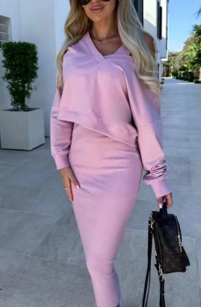 Fashion V-neck Pullover Sweatshirt And Sleeveless Dress Set