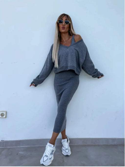 Fashion V-neck Pullover Sweatshirt And Sleeveless Dress Set